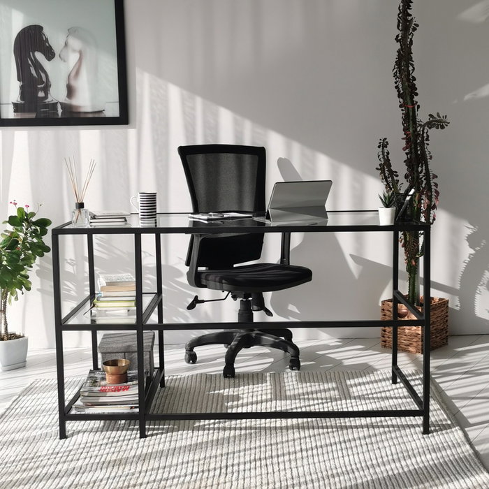 Hanah Home M101 Mesa de Estudio 130x60cm Cristal Templado y Metal Negro Diseño Moderno Industrial